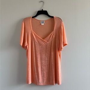 VTG Jonden Top Orange Peach Acetate Slinky Knit Short Sleeve Women 2X Office USA